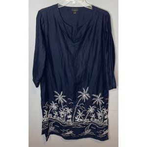 Talbots Linen Dress Medium Blue Headed Embroidered Palm Trees Beach Tropical